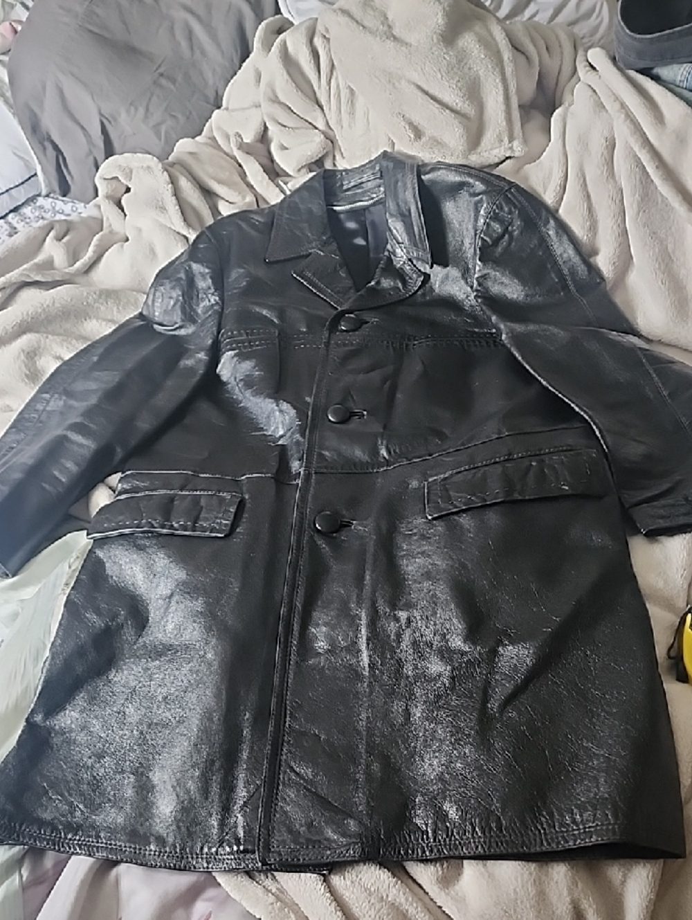VINTAGE GREAT CONDITION Black Leather Long Coat - Men's Classic Button-Up Jacket